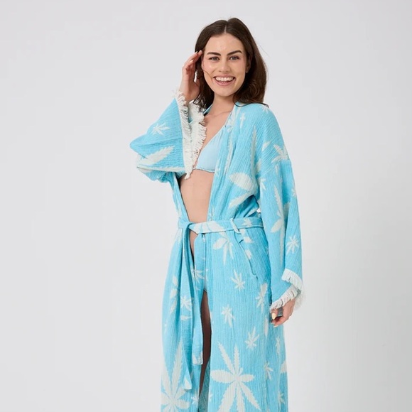 Women's Blue + White Leaf Patterned Robe One Size New 100% Organic Cotton NEW - Picture 3 of 12